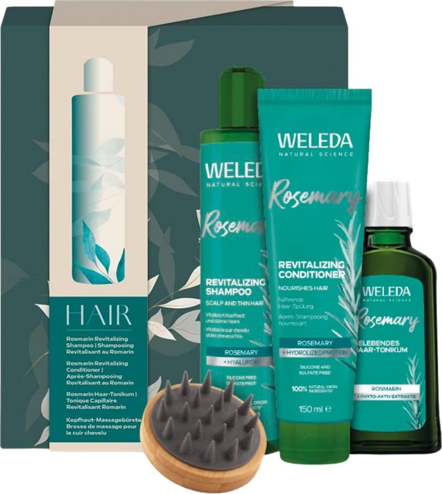 Weleda Darilni set Rožmarin šampon 250 ml, balzam 150 ml, tonik 100 ml in krtača za lase Akcija v trgovini Mueller