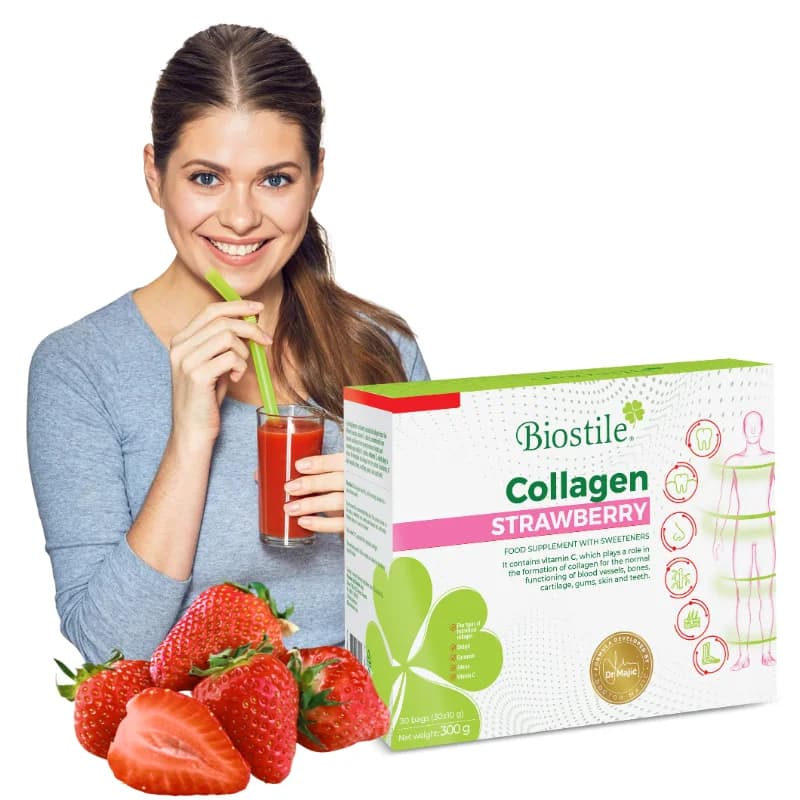 Biostile prehransko dopolnilo kolagen z okusom jagode 30 vrečk po 10 g Akcija v trgovini E.Leclerc