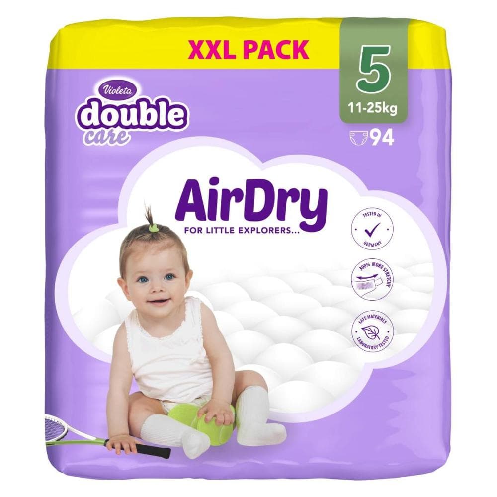 Otroške plenice Violeta Air Dry XXL 4, MAXI (104 kosov), XXL 5, JUNIOR (94 kosov) ali XXL 6, JUNIOR+ (86 kosov) Akcija v trgovini E.Leclerc
