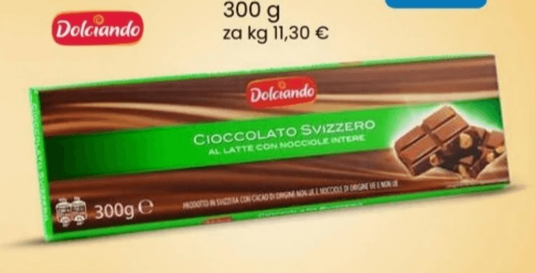 Dolciando švicarska mlečna čokolada z lešniki 300 g Akcija v trgovini Eurospin