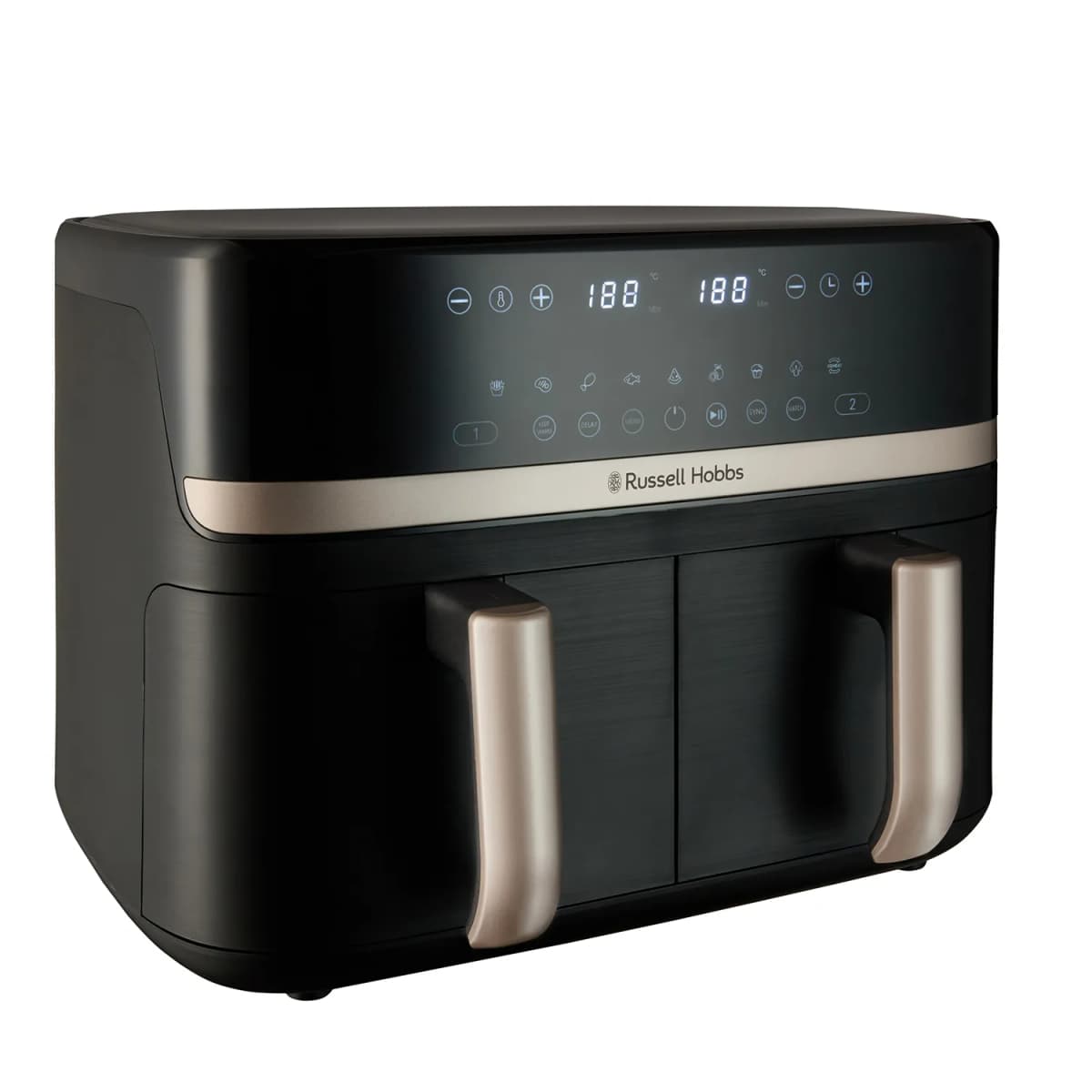 Russell Hobbs Large 9 L Air Cvrtnik - Dvojna Košara Satisfry Air Black and Champagne 9 L Akcija v trgovini E.Leclerc
