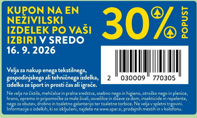 Kupon za 30 % popust na en neživilski izdelek po vaši izbiri Akcija v trgovini Spar