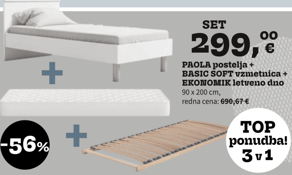 SET PAOLA postelja + BASIC SOFT vzmetnica + EKONOMIK letveno dno 90 x 200 cm Akcija v trgovini Prima