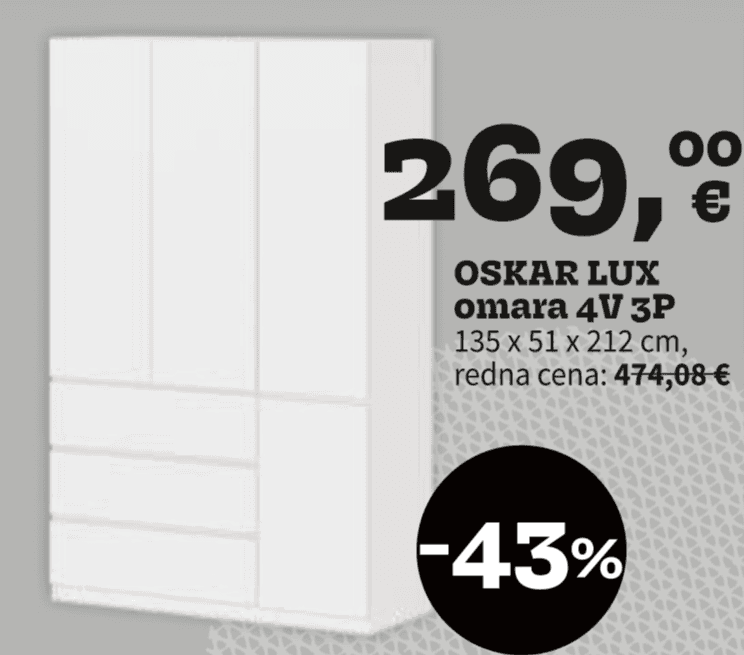 Oskar Lux omara 4V 3P 135 x 51 x 212 cm Akcija v trgovini Prima
