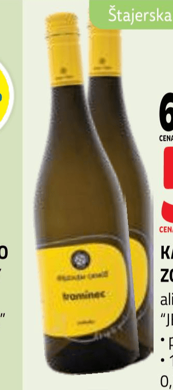Kakovostno vino ZGP rumeni muškat ali Traminec Jeruzalem Ormož 0,75 l Akcija v trgovini E.Leclerc