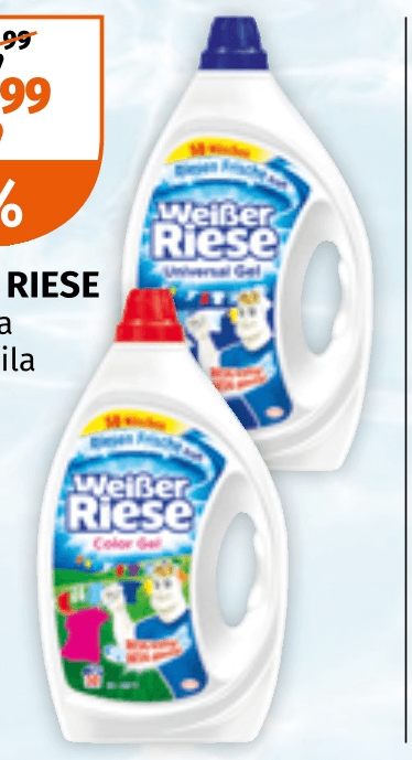 Weisser Riese za pranje perila gel 2,25 l, 50 pranj ali prašek 2,475 kg, 45 pranj Akcija v trgovini Spar