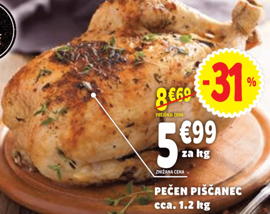 Pečen piščanec cca. 1,2 kg Akcija v trgovini E.Leclerc