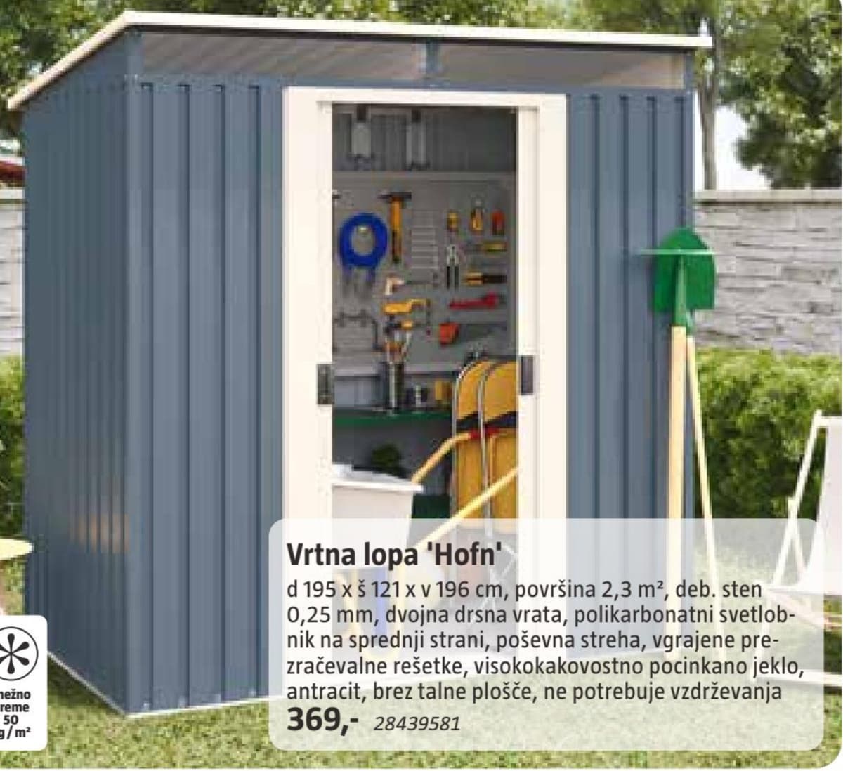 Vrtna lopa Hofn d 195 x š 121 x v 196 cm, površina 2,3 m² Akcija v trgovini Bauhaus