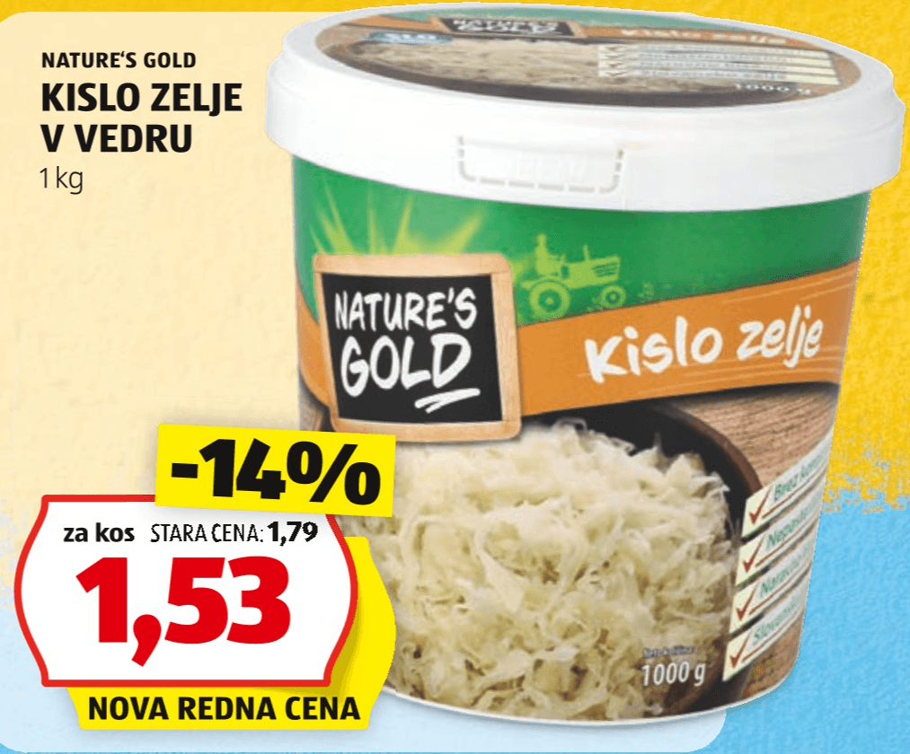 Kislo zelje v vedru 1 kg NATURE'S GOLD Akcija v trgovini Hofer