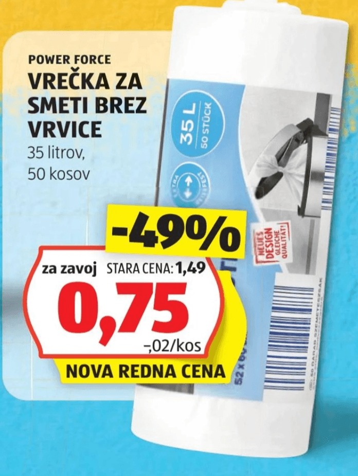 Vrečka za smeti brez vrvice 35 litrov, 50 kosov POWER FORCE Akcija v trgovini Hofer