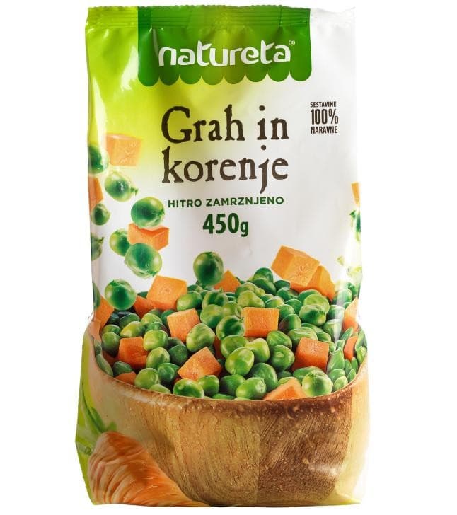 Korenje baby, grah in korenje ali zeleni ploščati stročji fižol Natureta 450 g Akcija v trgovini E.Leclerc