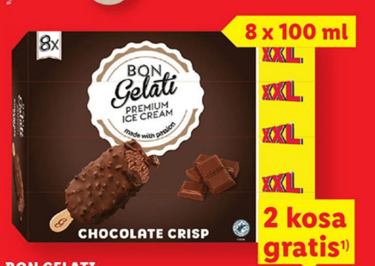 Bon Gelati Sladoled s krispiji XXL 8 x 100 ml Akcija v trgovini Lidl