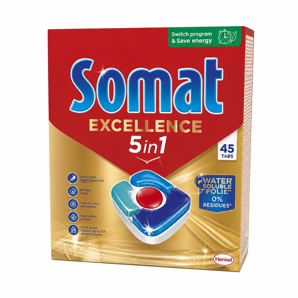 Somat Excellence tablete 5v1 65/1, 4v1 75/1, 3v1 88/1 ali gel duo 2x810 ml (90 pranj) Akcija v trgovini Spar