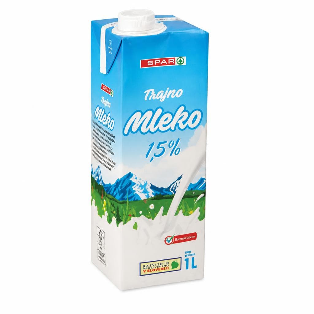 Trajno mleko 1,5 % m.m. 1 l Pomurske Mlekarne Akcija v trgovini Spar