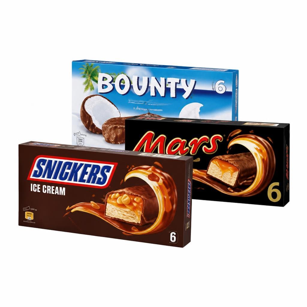 Sladoledne ploščice Bounty, Mars ali Snickers 6/1 Bounty, Mars, Snickers Akcija v trgovini E.Leclerc