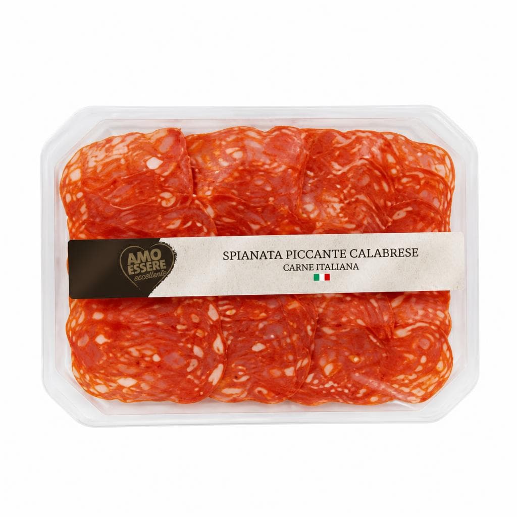 Amo Essere pikantna salama spianata iz Kalabrije, rezine 100 g Akcija v trgovini Eurospin