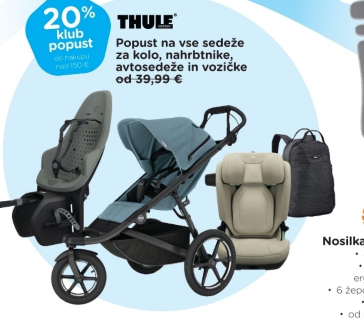 Popust na vse sedeže za kolo, nahrbtnike, avtosedeže in vozičke THULE - Akcija v trgovini Baby Center