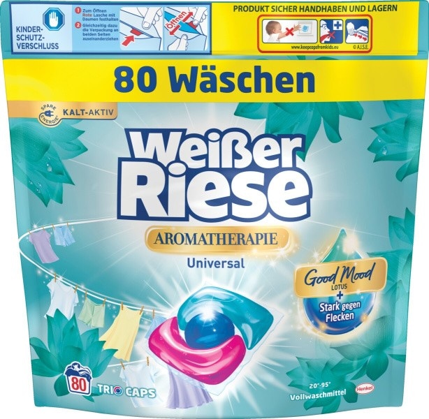 Detergent za pranje perila Wiber Riese 4,95 kg ali do 90 pranj (Universal), 4,5 l ali do 100 pranj (GEL), 80 kapsul (KAPSULE) Weißer Riese - Akcija u trgovini E.Leclerc