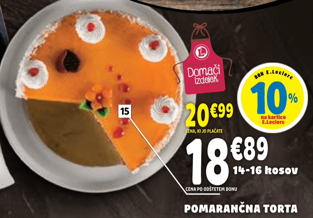 Pomarančna torta 14-16 kosov Domači izdelek - Akcija v trgovini E.Leclerc