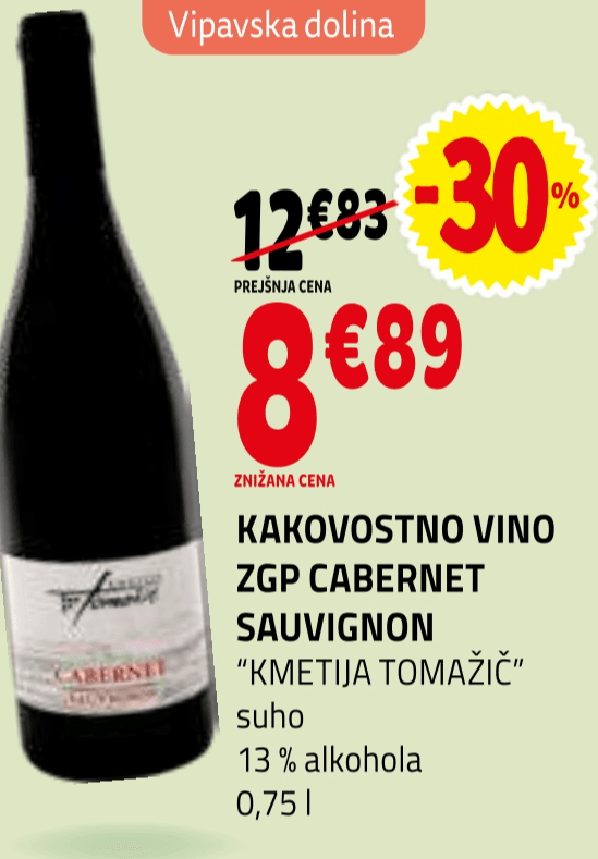 Kakovostno vino ZGP Cabernet Sauvignon 0,75 l Kmetija Tomažič - Akcija v trgovini E.Leclerc