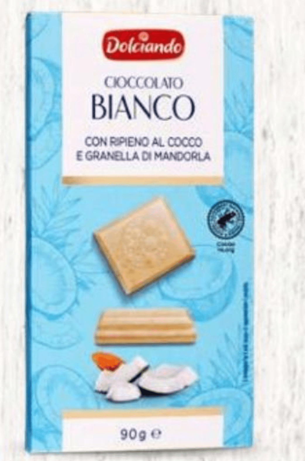 Bela čokolada s kokosom in mandlji 90 g Dolciando - Akcija v trgovini Eurospin