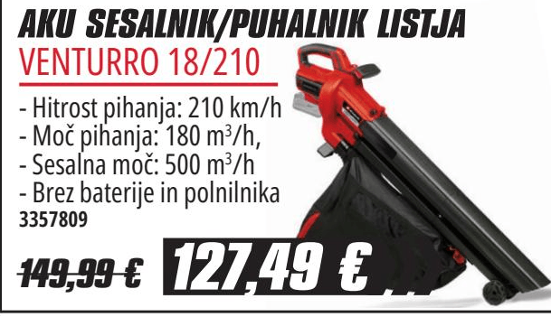 Aku sesalnik/puhalnik listja Venturro 18/210 Einhell Akcija v trgovini Merkur