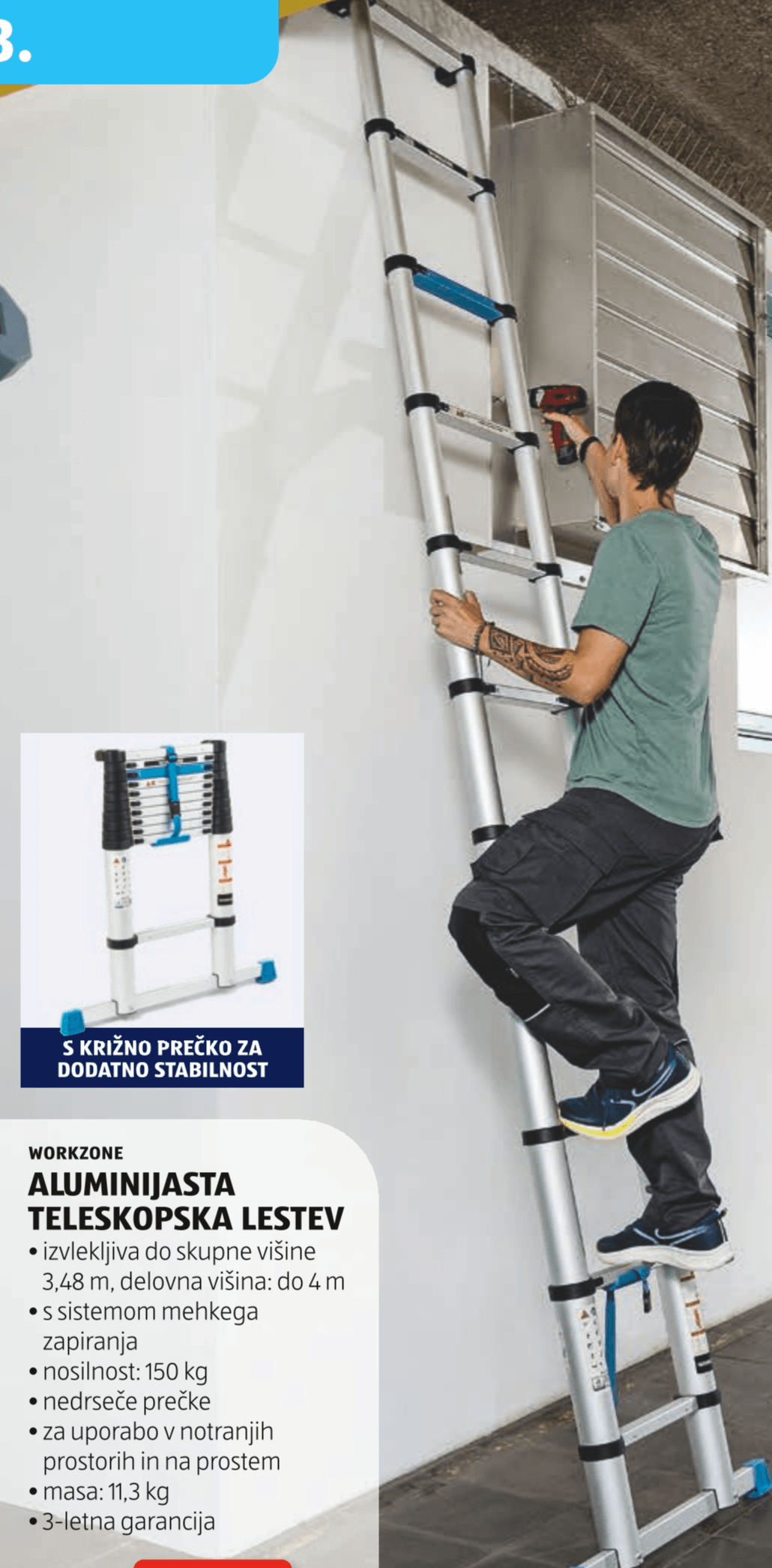 Aluminijasta teleskopska lestev WORKZONE - Akcija v trgovini Hofer