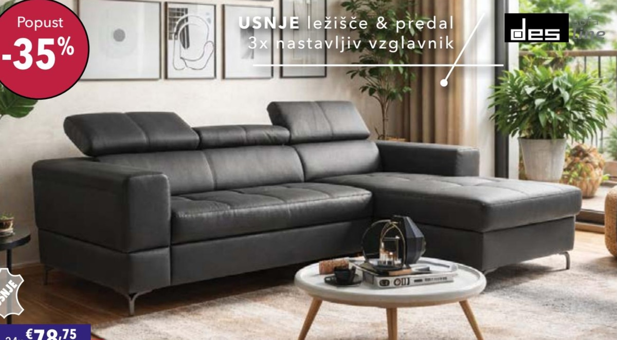 Usnjena kotna sedežna garnitura TORINO - Akcija v trgovini Harvey Norman