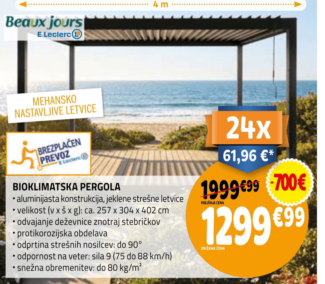 Bioklimatska pergola 4 m Beaux jours - Akcija v trgovini E.Leclerc