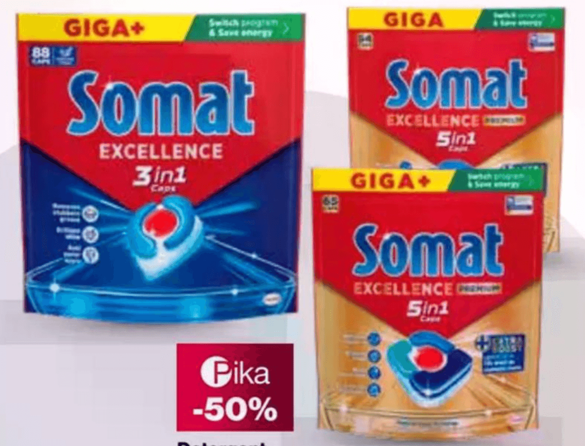 Detergent za strojno pomivanje posode Somat kapsule 54/1, 65/1, 75/1 in 88/1 ali gel za 90 pranj - Akcija v trgovini Mercator