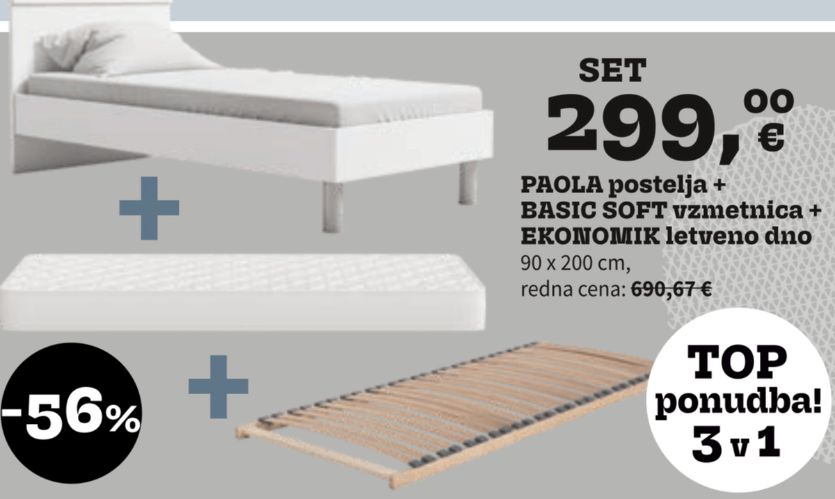 SET PAOLA postelja + BASIC SOFT vzmetnica + EKONOMIK letveno dno 90 x 200 cm - Akcija v trgovini Prima