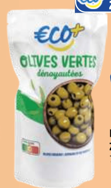 Izkoščičene zelene olive Eco+ 700 g - Akcija v trgovini E.Leclerc