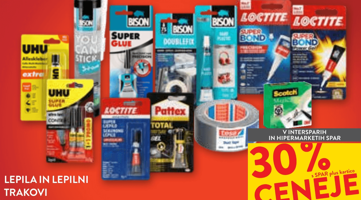Lepila in lepilni trakovi UHU, Bison, Loctite, Pattex, Scotch - Akcija v trgovini Spar