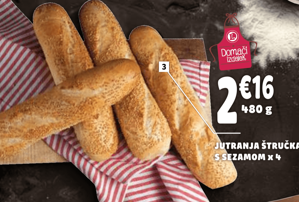 Jutranja štručka s sezamom 4 kosi, 480 g Domači izdelek - Akcija v trgovini E.Leclerc