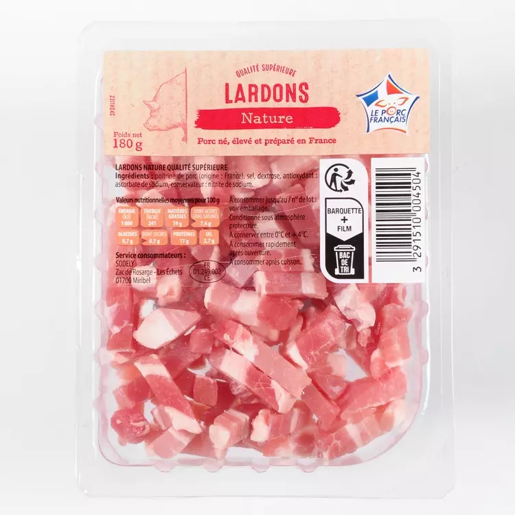 Koščki slanine Lardons Fumé / Lardons Nature 180 g ECO+ - Akcija v trgovini E.Leclerc
