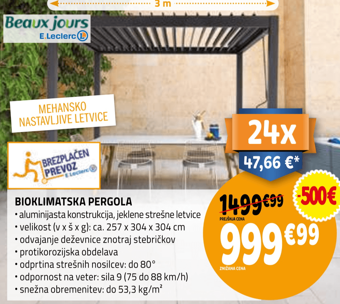 Bioklimatska pergola 3 m Beaux jours - Akcija v trgovini E.Leclerc