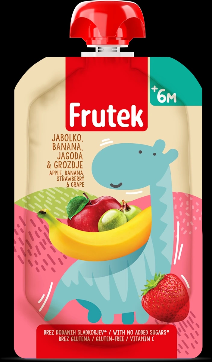 Frutek kašica iz jabolk, banan, jagod in rdečega grozdja 100 g - Akcija v trgovini Dm