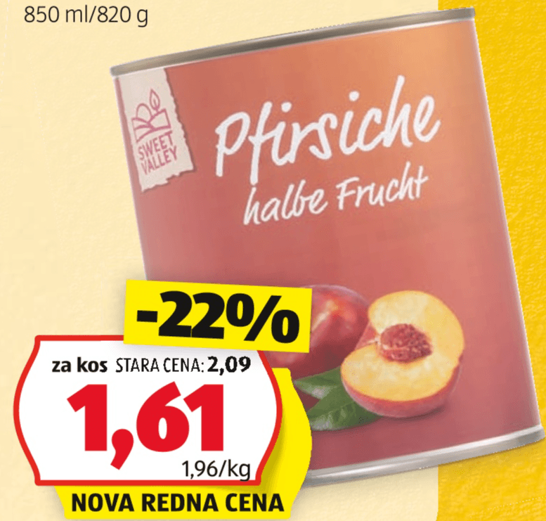 Breskve v kompotu 850 ml/820 g Sweet Valley - Akcija v trgovini Hofer