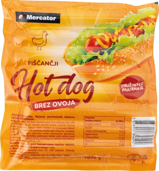 Piščančje hot dog hrenovke Mercator 1000 g - Akcija v trgovini Mercator