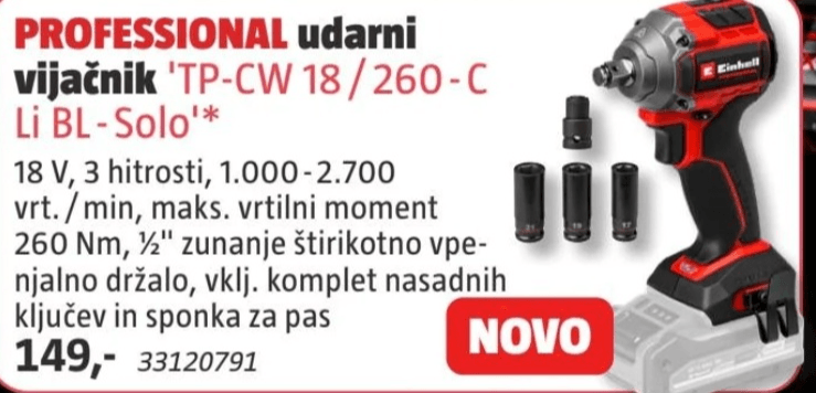 Professional udarni vijačnik 'TP-CW 18/260-C Li BL-Solo' Einhell - Akcija v trgovini Bauhaus