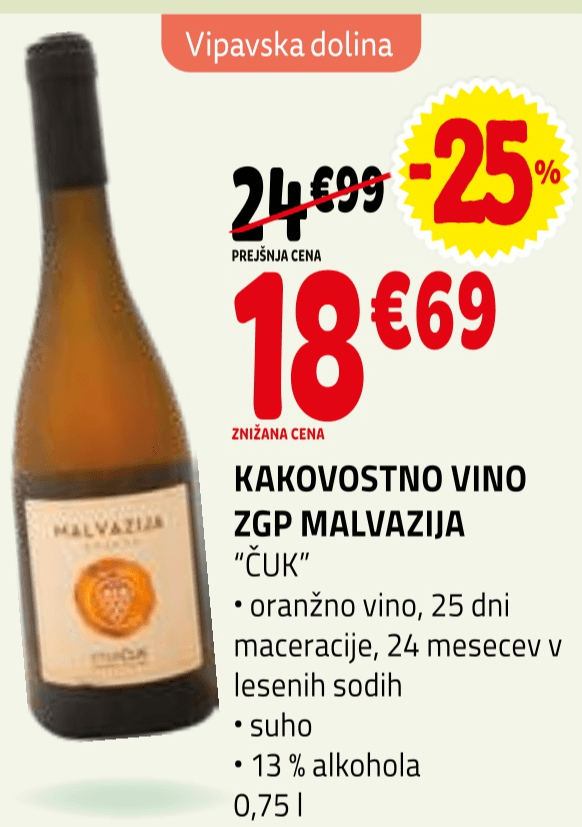 Kakovostno vino ZGP Malvazija 0,75 l Čuk - Akcija v trgovini E.Leclerc