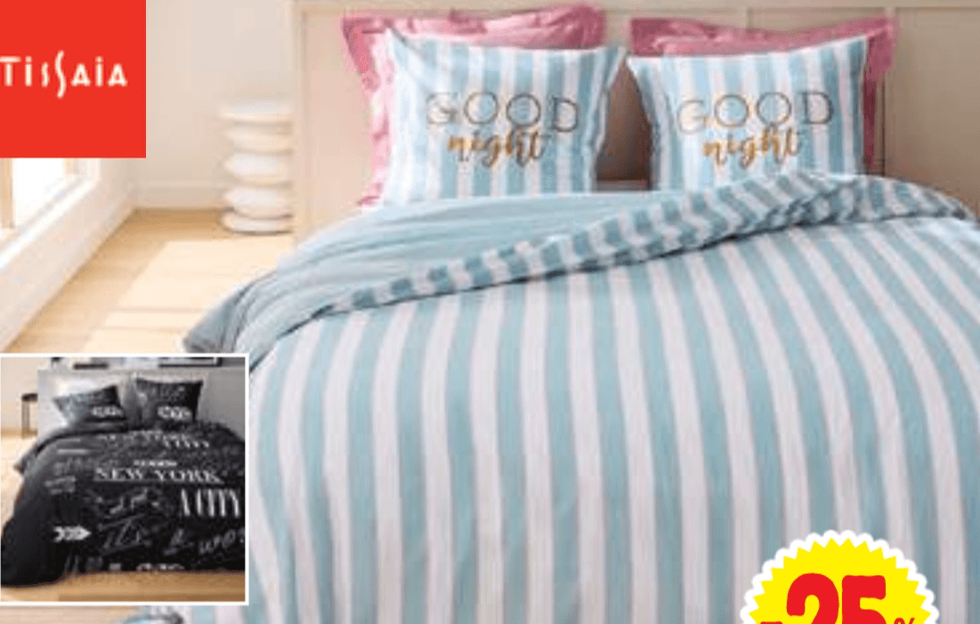 Posteljni komplet Wording 200 x 200 + 2x 63 x 63 cm TISSAIA - Akcija v trgovini E.Leclerc