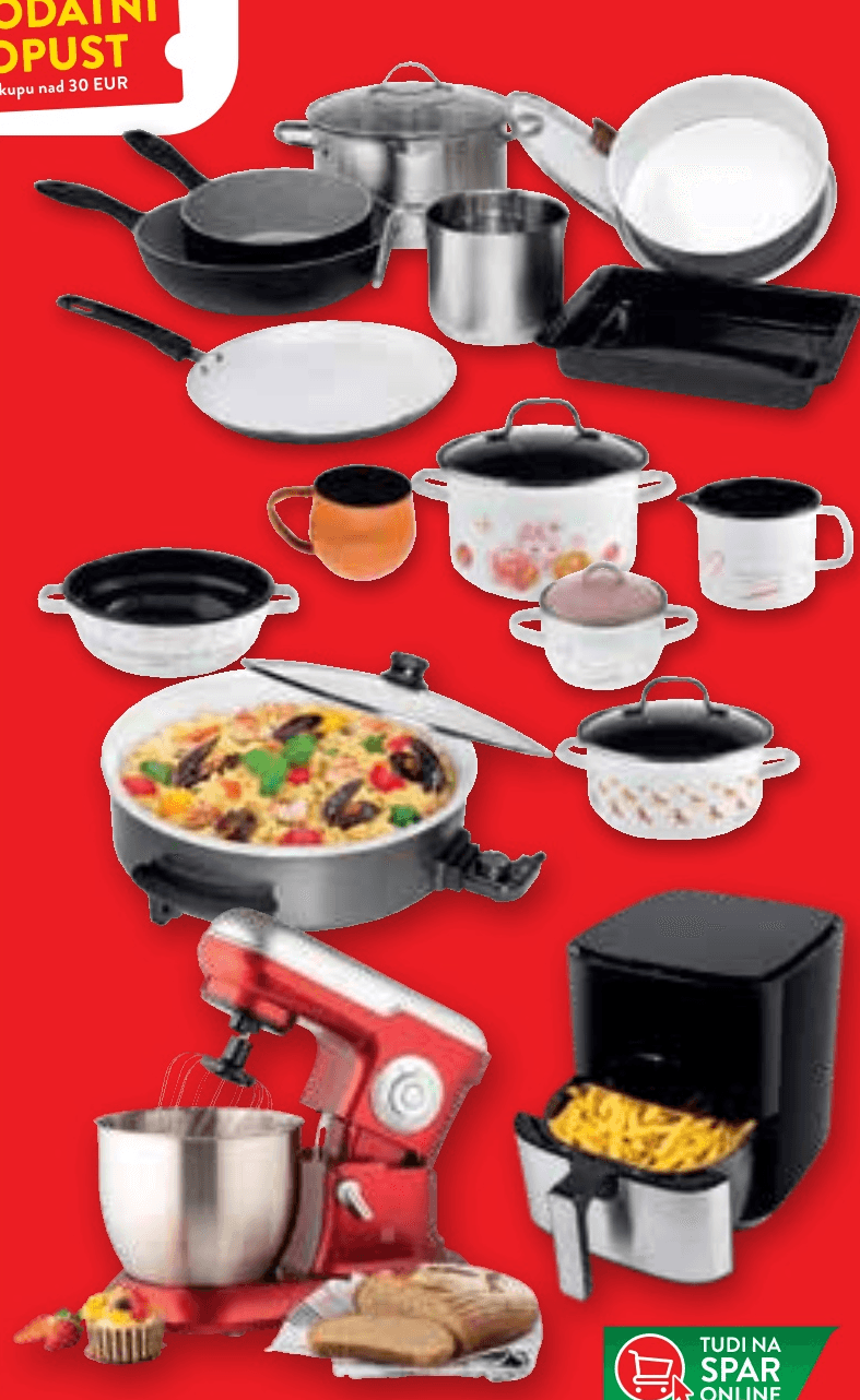Mali gospodinjski aparati, ponve, kozice, pekači, pokrovke - Akcija v trgovini Spar