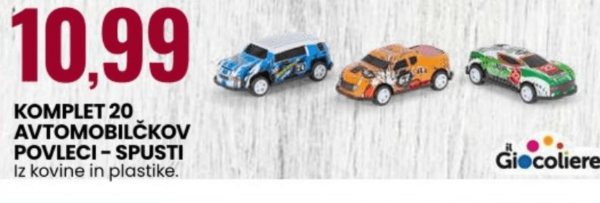 Komplet 20 avtomobilčkov povleci - spusti 20 Giocoliere - Akcija v trgovini Eurospin