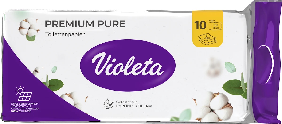 Violeta Premium Pure toaletni papir 10x150 lističev - Akcija v trgovini Dm