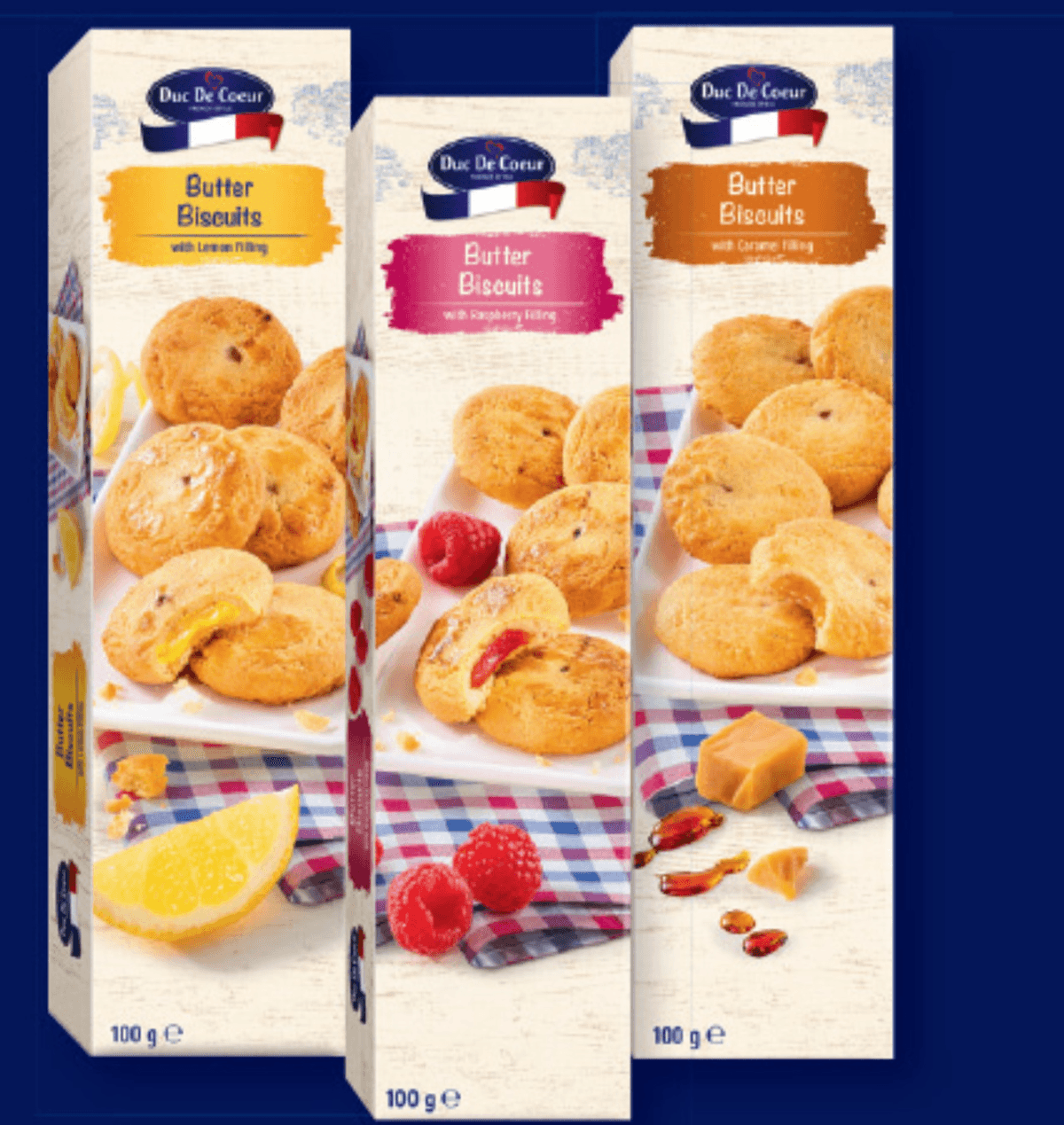 DUC DE COEUR Polnjeni masleni keksi 100 g - Akcija v trgovini Lidl