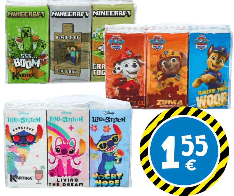 Robčki Minecraft, Paw Patrol, Lilo & Stitch - Akcija v trgovini Tedi