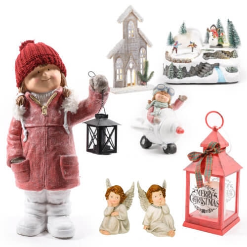 Novoletni okraski, okrasne figure, keramični izdelki in tekstil z novoletnimi motivi - Akcija v trgovini Mercator