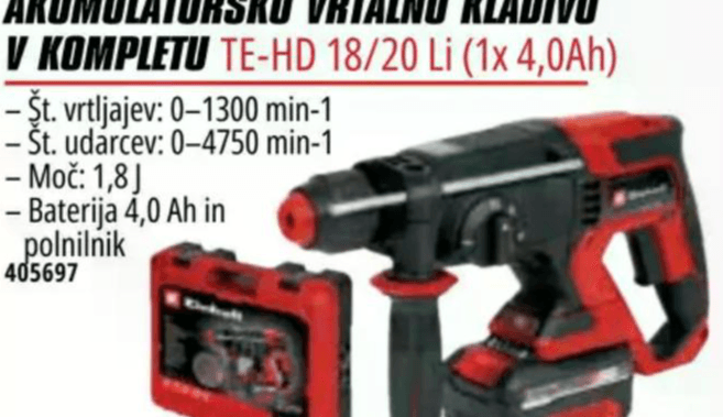 Einhell akumulatorsko vrtalno kladivo v kompletu TE-HD 18/20 Li (1x 4,0Ah) Akcija v trgovini Pevex