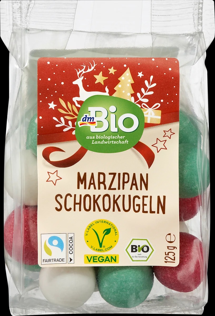 dmBio kroglice iz marcipana z oblivom iz temne čokolade in sladkorja 125 g - Akcija v trgovini Dm